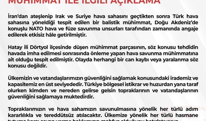 MSB: 'Hatay'a düşen mühimmat parçasının, söz konusu tehdidin havada imha edilmesi sonrasında önleme yapan hava savunma mühimmatına ait olduğu tespit edilmiştir'