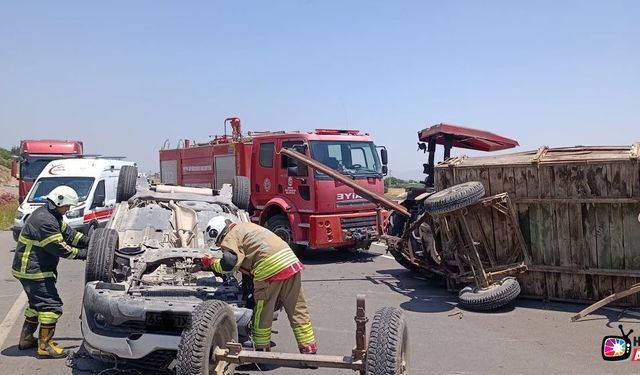 Kırıkhan’da traktörle çarpışan otomobil takla attı: 2 yaralı
