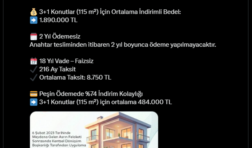 Rezerv Yapı Alanlarındaki Deprem Konutlarının Fiyatı ve Ödeme Planı Açıklandı